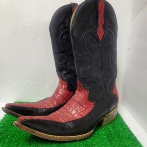 Besserro Leather Caiman Lizard Tail Snip Toe Red Black Western Boots Sz 25 / 7